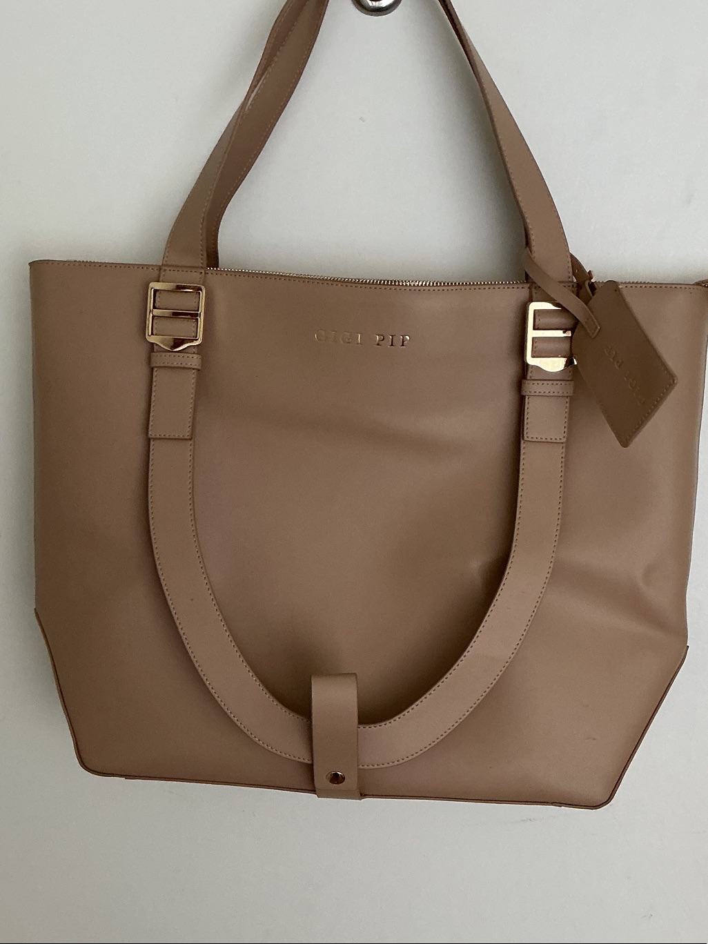 Gigi Pip Taupe Leather Tote With Gold Hardware